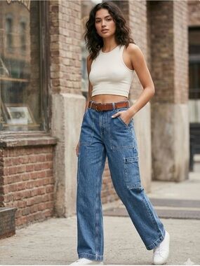 Divided Wide-Leg Cargo Jeans in Blue Denim